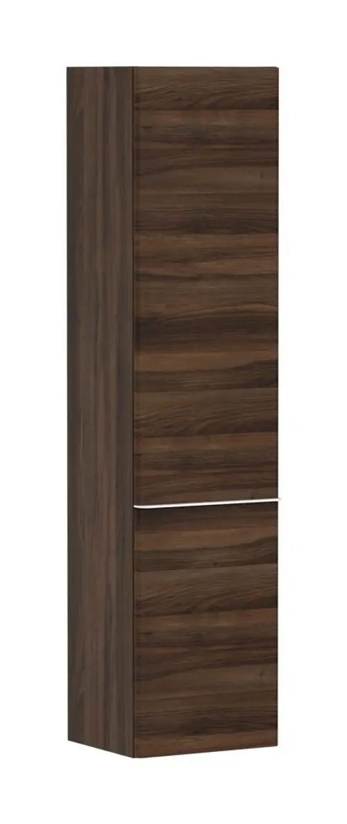 Hochschrank in dunkler Holzoptik von Hansgrohe, mit zwei Türen und einem vertikalen Design. Türanschlag links.